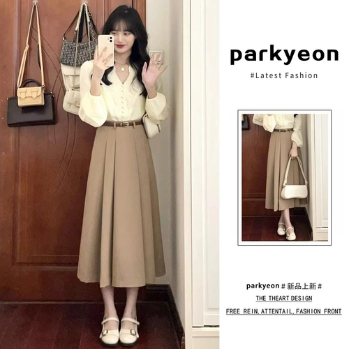 Хаки осенняя демисезонная юбка в складку, французский стиль, премиум класс