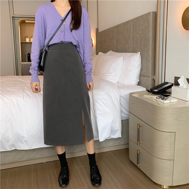 Large size women's high waist irregular skirt with slit mid-length skirt for women in autumn and winter fat mm versatile slimming one-step skirt
