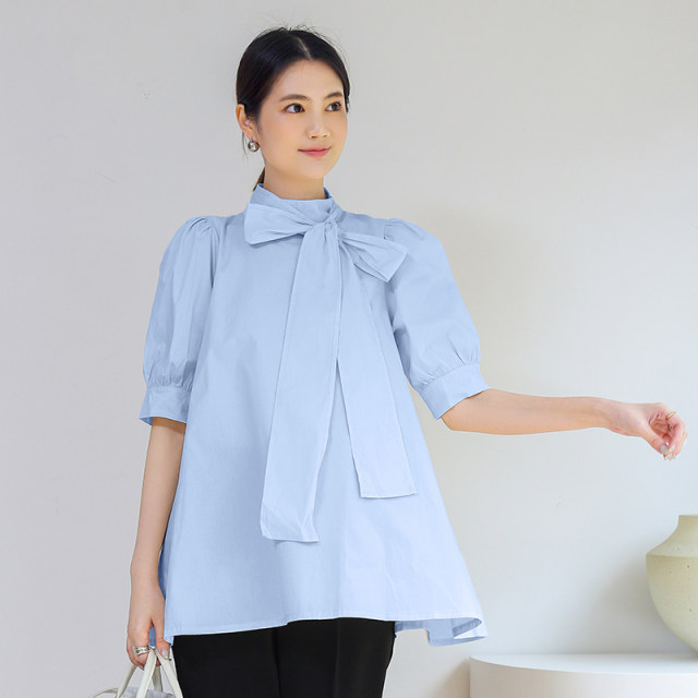 New Japanese thin short-sleeved doll shirt in spring and summer style, solid color loose shirt with bow and small turtleneck top
