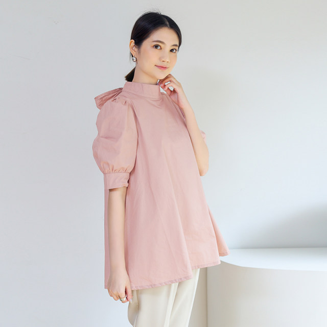 New Japanese thin short-sleeved doll shirt in spring and summer style, solid color loose shirt with bow and small turtleneck top