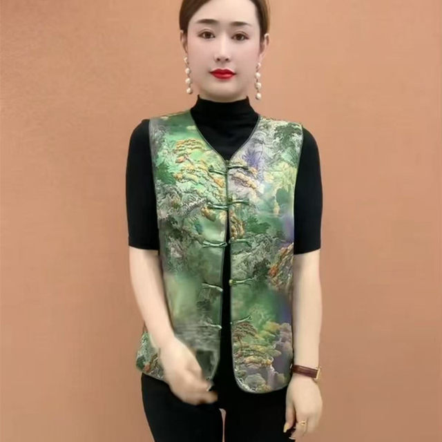 New Chinese style round neck buckle vest for middle-aged and elderly women mothers
