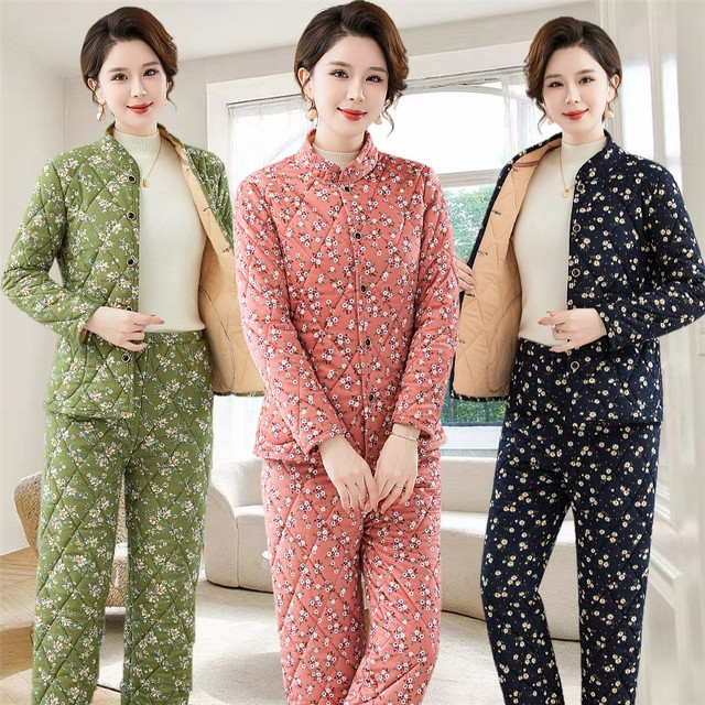 
Mom's new autumn and winter floral warm cotton coat, cotton trousers and vest three-piece suit for middle-aged and elderly large size outer wear cotton coat
