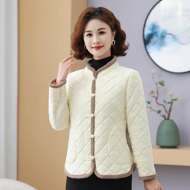 
Mom's casual age-reducing Western style raw edge large size cotton coat for middle-aged and elderly autumn and winter plate buckle warm and light cotton coat