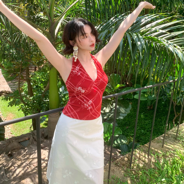 Jiuwu homemade new French retro plaid neck v-neck short vacation short top