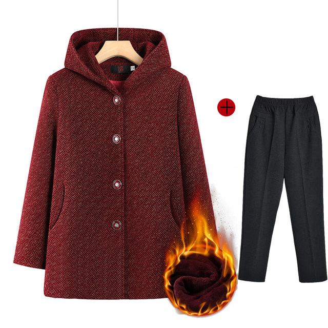 The elderly in the autumn outer purse girl medium long hat, woolen woolen coat mothers wear cardigan loose 60 -year -old 70 grandma clothing
