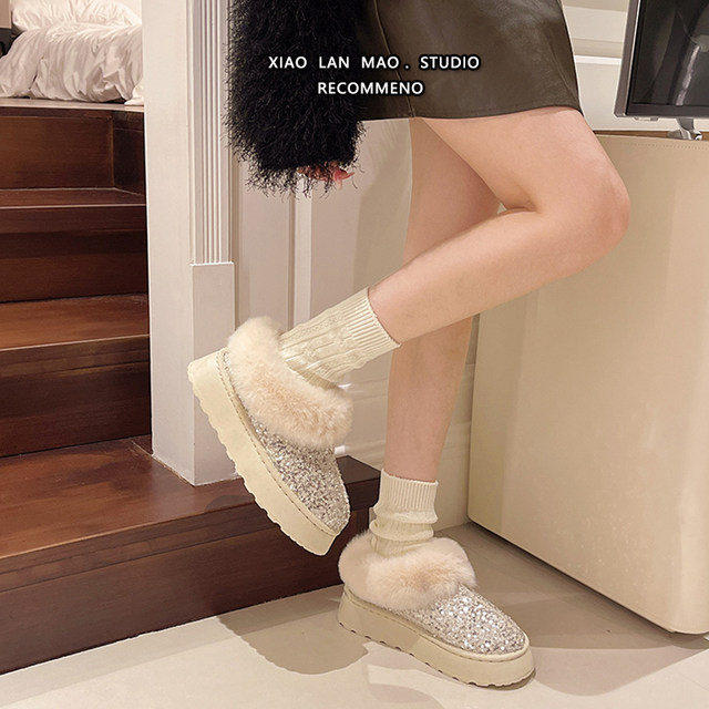 Sequined furry snow boots for women in winter 2025 new style lazy one-legged cotton boots plus velvet thickened warm cotton shoes trendy