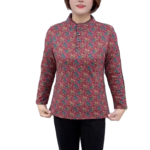 New autumn and winter half-high collar thickened warm shirt casual long-sleeved loose all-in-one velvet bottoming shirt for middle-aged and elderly girls