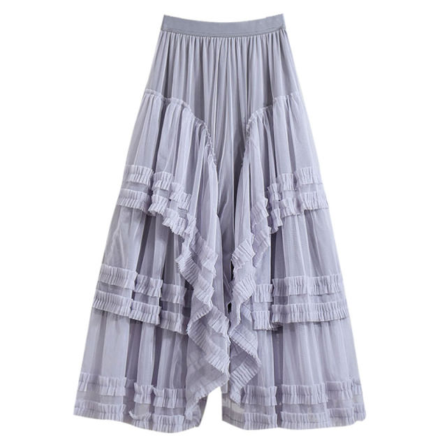 Gray black ears with lace spliced ​​mesh cake skirt for women 2025 spring and summer design puffy princess long skirt