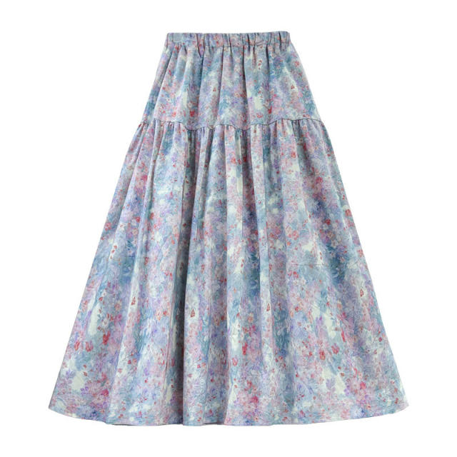 Retro oil painting style floral skirt for women in spring and summer 2025 high-waisted slim printed skirt A-line skirt large umbrella skirt