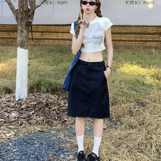Large size navy blue summer skirt for women black suit over knee mid-skirt to look slim skirt fat mm straight skirt