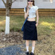 Large size navy blue summer skirt for women black suit over knee mid-skirt to look slim skirt fat mm straight skirt