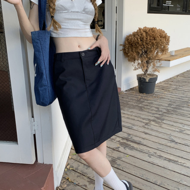 Large size navy blue summer skirt for women black suit over knee mid-skirt to look slim skirt fat mm straight skirt