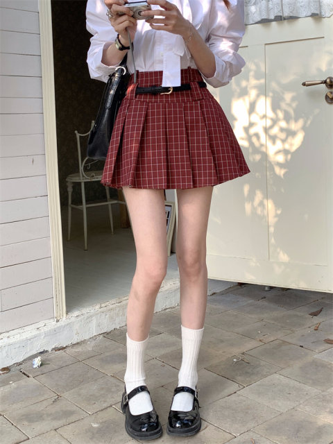 Large size retro red plaid jk pleated skirt for women in summer American style high waist a line short skirt fluffy skirt