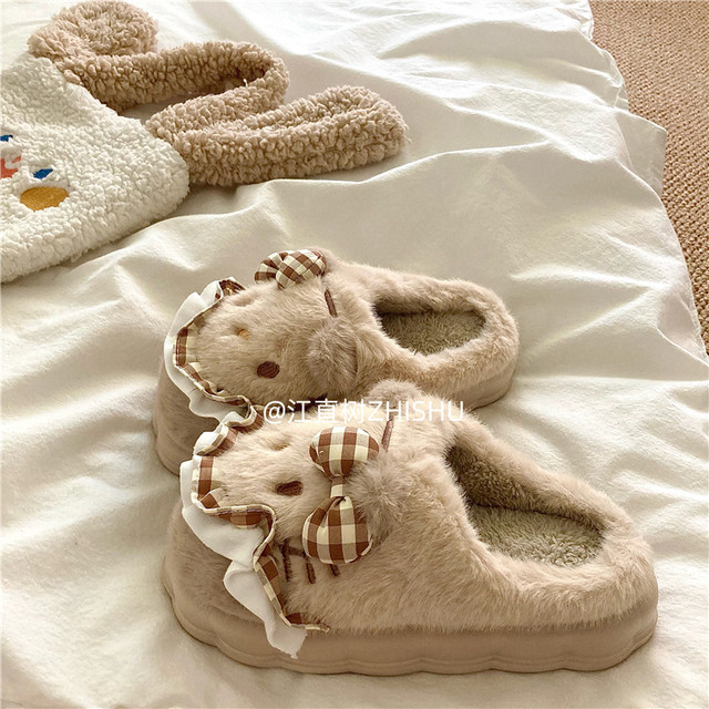 
Soft and cute private cat~! Cute plush warm indoor cotton slippers for women in winter ins wear bag-toe fur slippers