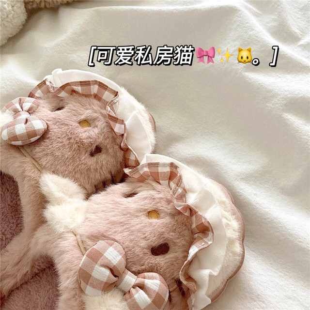 
Soft and cute private cat~! Cute plush warm indoor cotton slippers for women in winter ins wear bag-toe fur slippers