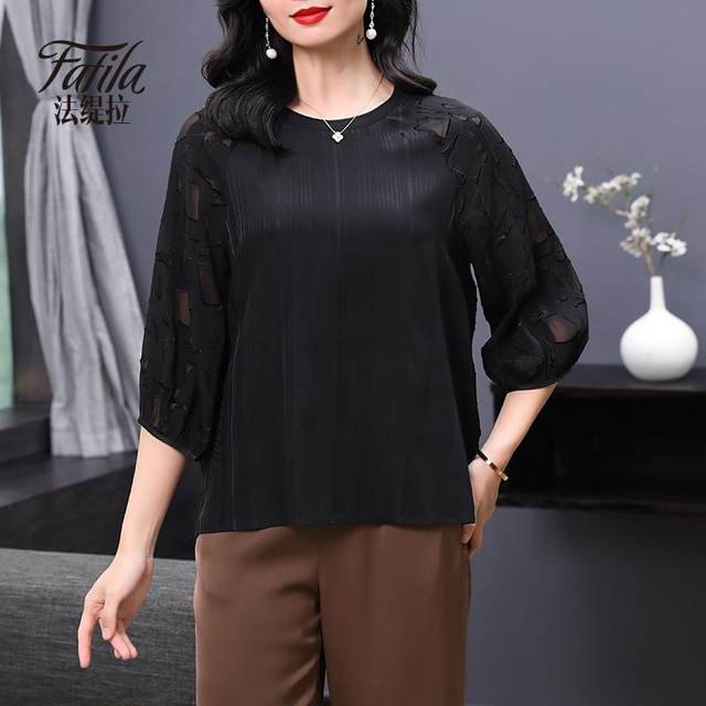 Black French mulberry silk top for women with three-quarter sleeves new fashionable casual chic age-reducing loose large-size top for women
