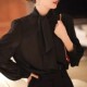 2025 spring new style retro stand collar bow black chiffon shirt women's long sleeve drooping temperament base top