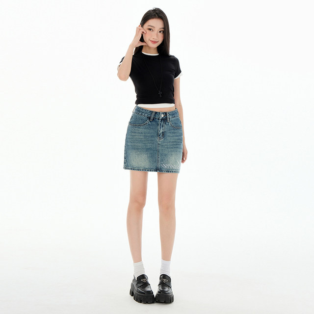 Denim short skirt for women 2025 summer new large size high waist A-line slim and fat mm loose skirt for old washing