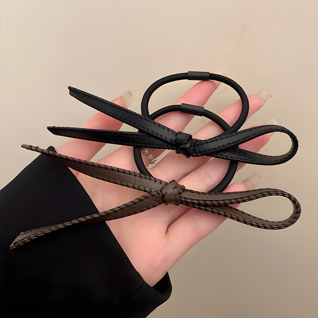 French Maillard retro pu bow hair rope 2024 new style simple niche high-end hair rope with versatile temperament