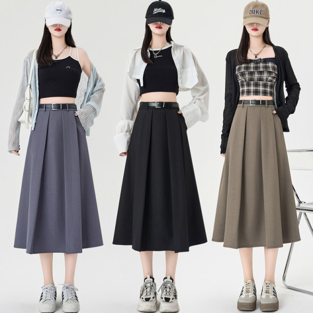 Suit skirt for women with small summer professional temperament mid-length large pleated a-line skirt with pockets