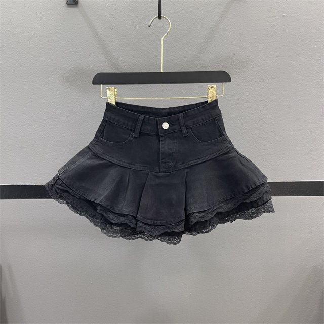 Sweet lace lace denim skirt women 2025 summer small high-waisted hot girl A-line fluffy cake skirt