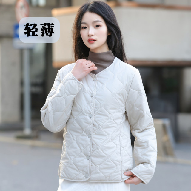 Kayijia Autumn and Winter Thin Down Cotton Clothes for Women Short Round Neck Versatile Base Warm Long Sleeve V Neck Inner Cotton Jacket