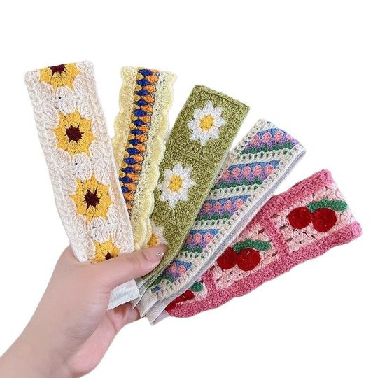 Knitted floral bangs and hairbands for women 2025 new pastoral headbands and hair tidying Velcro hairpins for hairpins