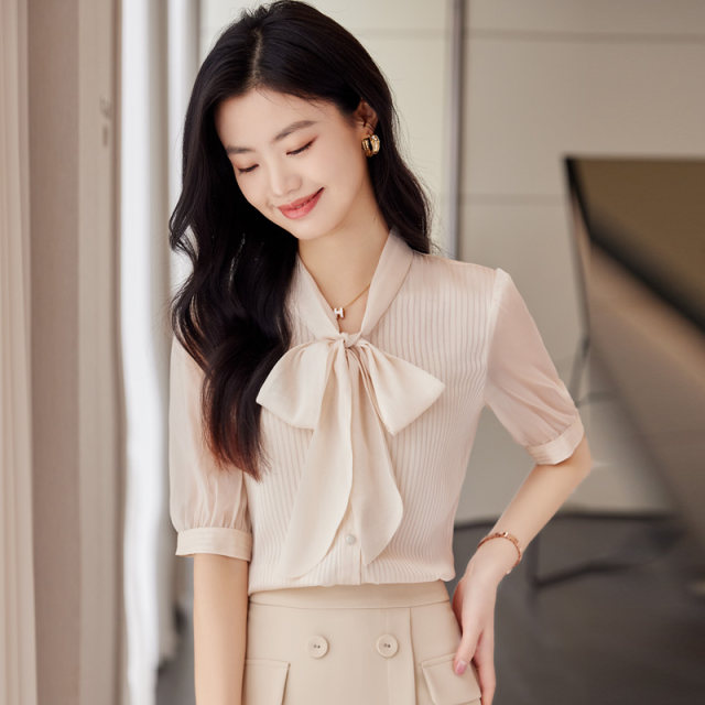 New spring and summer short-sleeved shirt for women beige lady slim mid-sleeved streamer bow neck OL fashionable shirt formal wear
