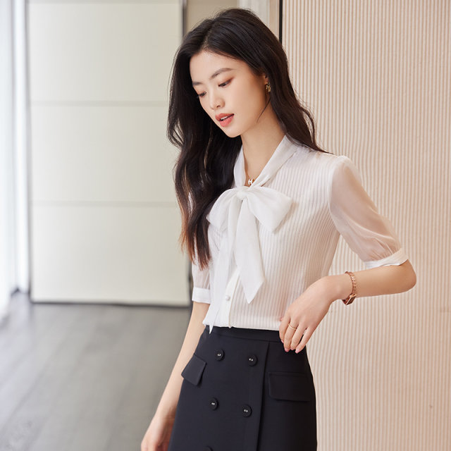 New spring and summer short-sleeved shirt for women beige lady slim mid-sleeved streamer bow neck OL fashionable shirt formal wear
