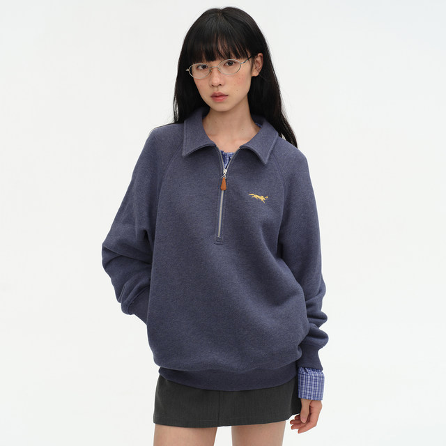 Omont egg tart home retro half zipper polo collar sweatshirt 2025 autumn silhouette loose casual pullover top