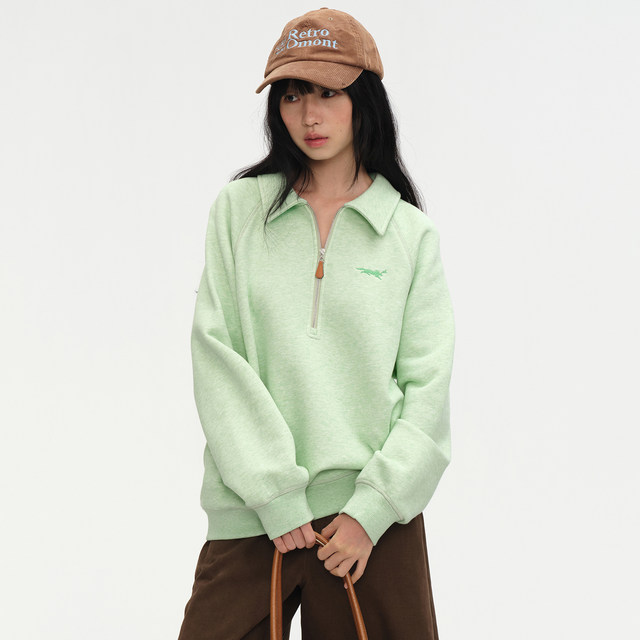 Omont egg tart home retro half zipper polo collar sweatshirt 2025 autumn silhouette loose casual pullover top