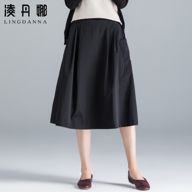 Black skirt for women summer 2025 new A-line mid-length summer thin work pocket skirt casual skirt
