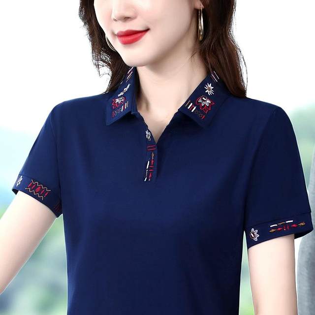 
2024 summer pure cotton short-sleeved T-shirt for women with slim fit and slim temperament lapel polo shirt large size embroidered top thin