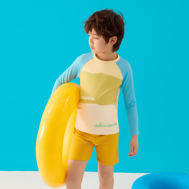 Boys swimsuit suits for long-sleeved children's split swimming trunks contrasting color flat angle sun protection children professional training swimsuit