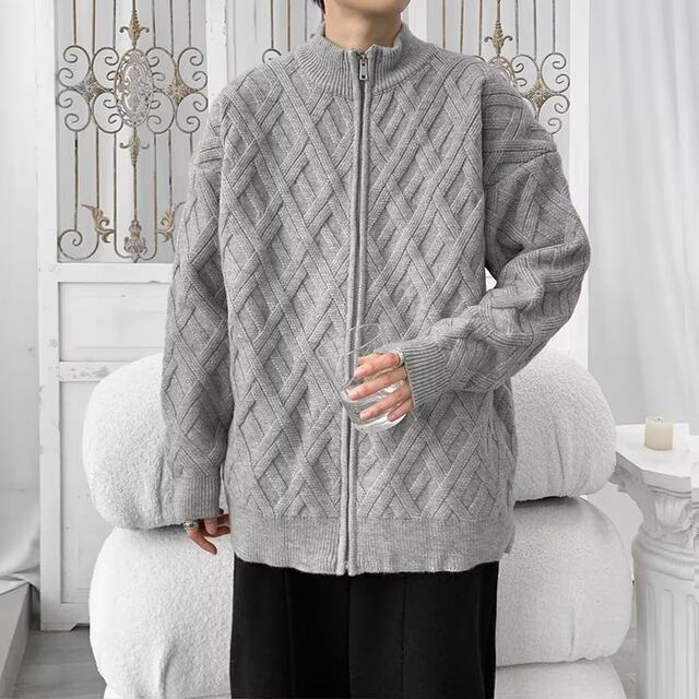Stand-collar cardigan zipper knitted jacket for men spring and autumn 2024 new high-end diamond plaid sweater jacket
