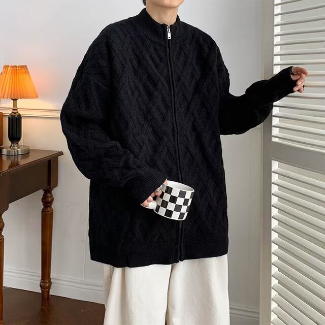 Stand-collar cardigan zipper knitted jacket for men spring and autumn 2024 new high-end diamond plaid sweater jacket

