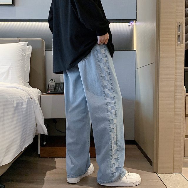 High-end side-stitched straight-leg American high-street jeans for men with trendy design trendy brand BF straight-leg plaid wide-leg pants