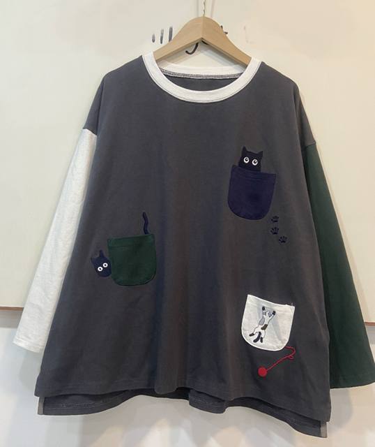 Dongdaemun round neck pocket kitten embroidered autumn clothing new loose casual Hong Kong style niche pure cotton t-shirt women ins trend