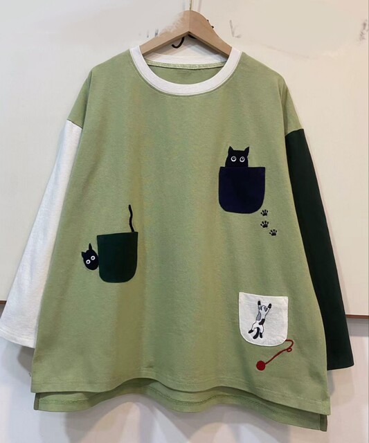 Dongdaemun round neck pocket kitten embroidered autumn clothing new loose casual Hong Kong style niche pure cotton t-shirt women ins trend