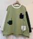 Dongdaemun round neck pocket kitten embroidered autumn clothing new loose casual Hong Kong style niche pure cotton t-shirt women ins trend