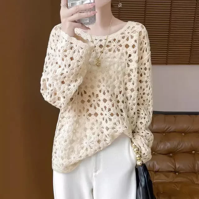
Early autumn hooked flowers hollow solid color V-neck lazy style soft glutinous sheep knitted top pullover hoodie lazy and thin