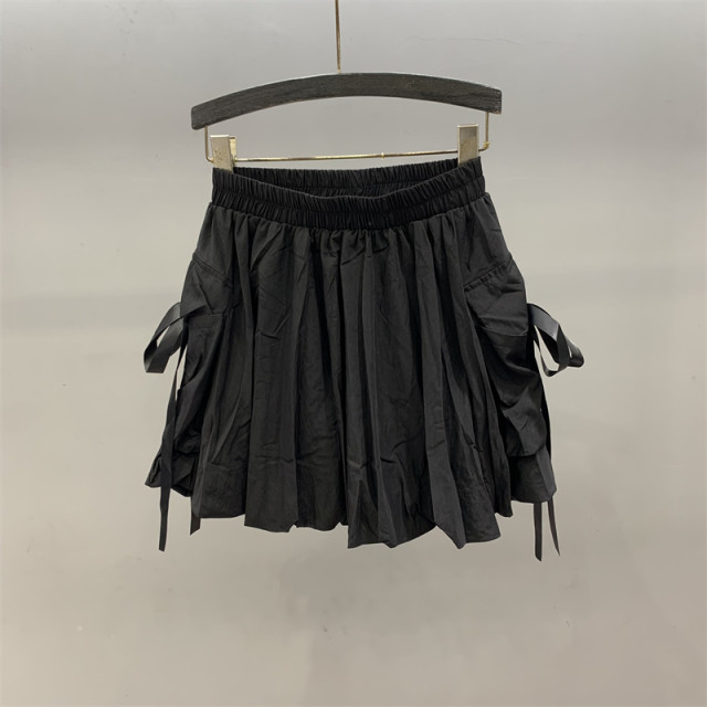 Bow pocket work skirt for women 2025 spring and summer new high-waist loose casual A-line puffy skirt
