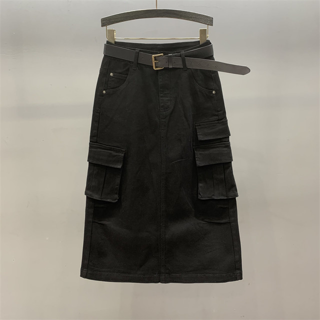 White work pocket denim skirt for women 2025 spring new high-waist loose slim A-line hip-pack long skirt