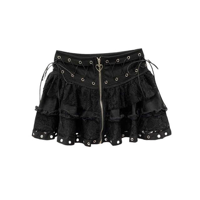 Lace spliced ​​cake skirt for women 2025 summer new design strap zipper a line puff short skirt