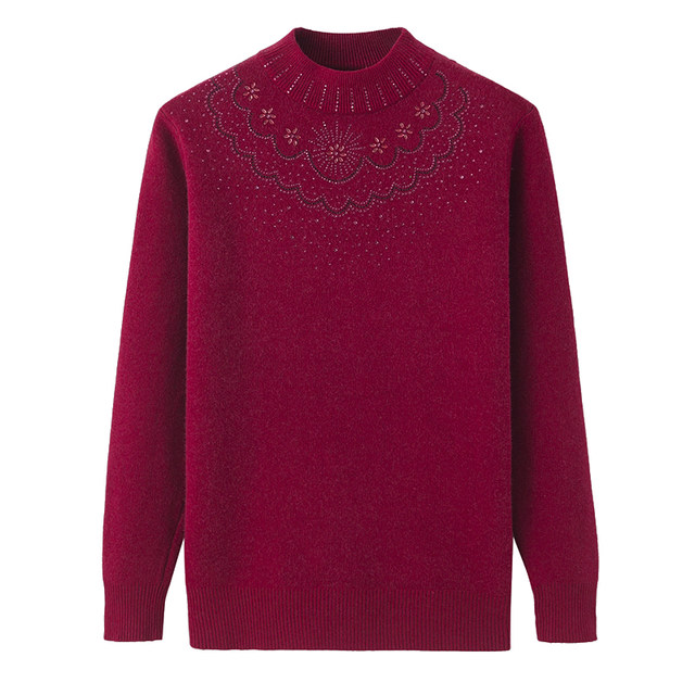 Middle -aged women's clothing thickened plus velvet half -high -necked sweater middle -aged and elderly mothers dressing large size knit sweater grandma top
