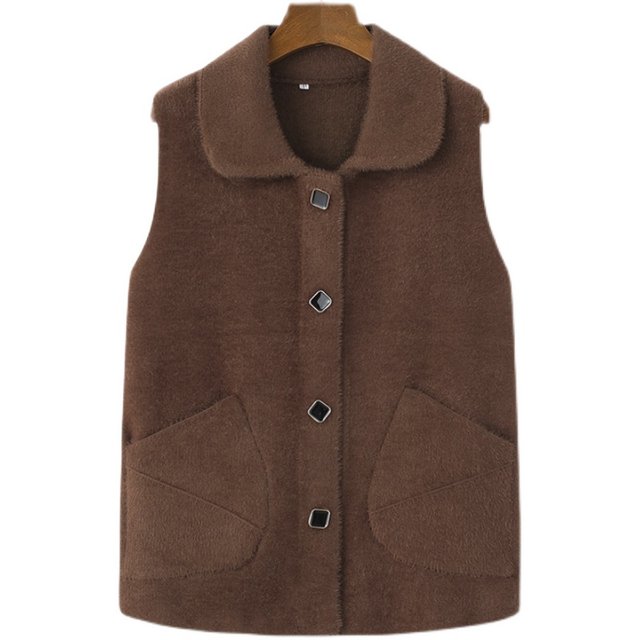 Middle-aged mother's clothing, solid color imitation mink fur autumn and winter vest, middle-aged and elderly women's clothing, lapel jacket, outer knitted jacket