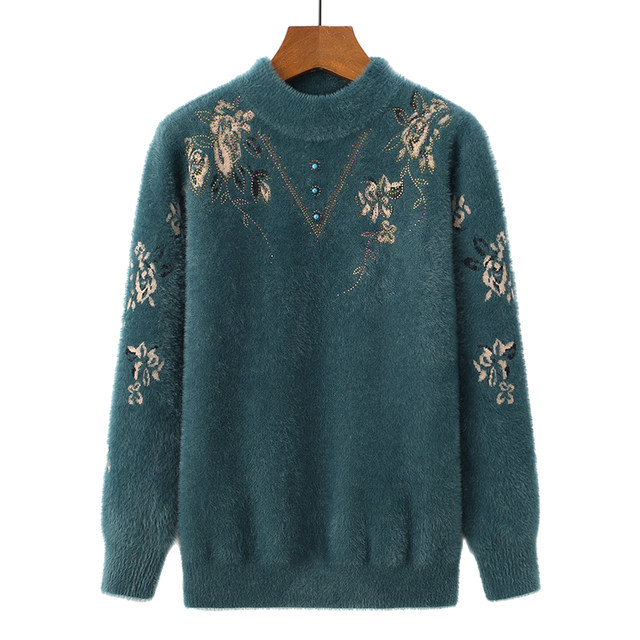 Mom wears half turtleneck imitation mink flower winter sweater middle-aged and elderly women's loose pullover knitted base shirt