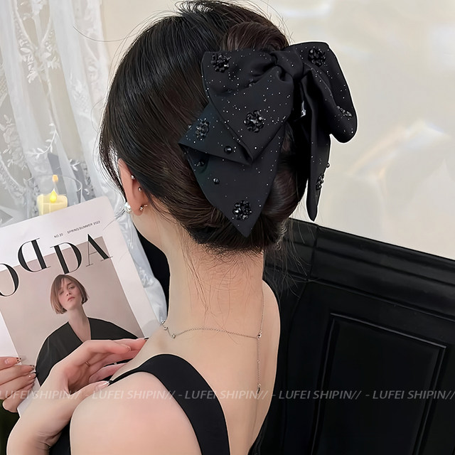 Black Hepburn style bow grab clip female high-end sense back head hair shark clip temperament elegant hair clip headdress