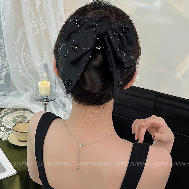 Black Hepburn style bow grab clip female high-end sense back head hair shark clip temperament elegant hair clip headdress