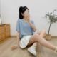 White loose women's clothing summer top short sleeve V -neck long cotton sloping simple solid color T -shirt bottoming shirt wild
